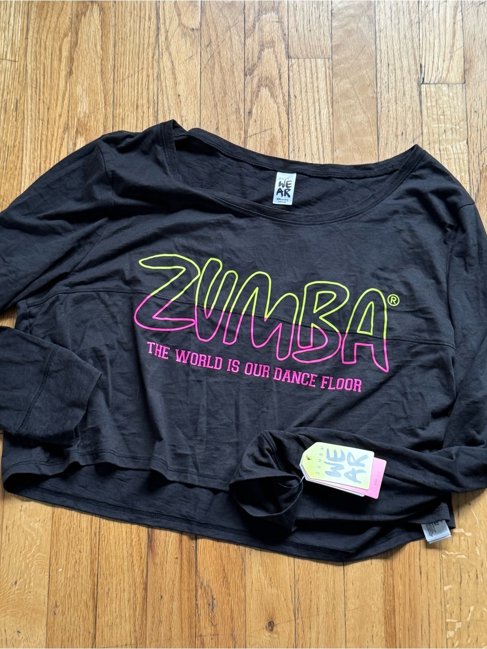 Zumba Fitness Black Crop Long Sleeve Top with Neon Yellow and Neon Pink Logo